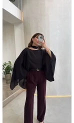 Yarasa Kol Kuşaklı Tül Bluz - Siyah - Kod: 1670