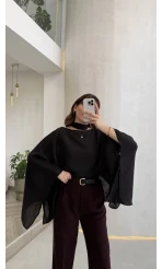 Yarasa Kol Kuşaklı Tül Bluz - Siyah - Kod: 1670