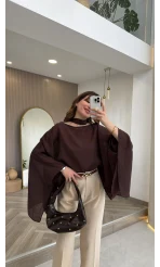 Yarasa Kol Kuşaklı Tül Bluz - Kahverengi - Kod: 1670