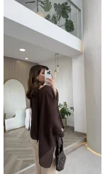 Yarasa Kol Kuşaklı Tül Bluz - Kahverengi - Kod: 1670