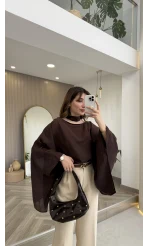 Yarasa Kol Kuşaklı Tül Bluz - Kahverengi - Kod: 1670