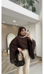 Yarasa Kol Kuşaklı Tül Bluz - Kahverengi - Kod: 1670