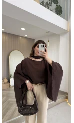 Yarasa Kol Kuşaklı Tül Bluz - Kahverengi - Kod: 1670