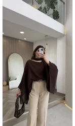 Yarasa Kol Kuşaklı Tül Bluz - Kahverengi - Kod: 1670