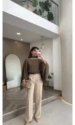 Kumaş Palazzo Pantolon - Taş - Kod: 3879