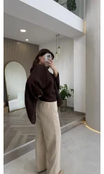 Kumaş Palazzo Pantolon - Taş - Kod: 3879