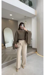 Kumaş Palazzo Pantolon - Taş - Kod: 3879