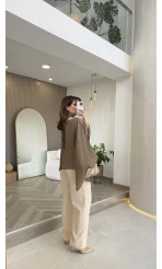 Kumaş Palazzo Pantolon - Taş - Kod: 3879