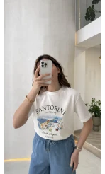 Santorını Baskılı Kısa Kol T-shirt - Ekru - Kod: 8312