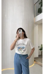 Santorını Baskılı Kısa Kol T-shirt - Ekru - Kod: 8312