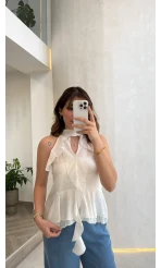 Halter Yaka Volanlı Transparan Bluz - Ekru - Kod: 5390