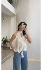 Halter Yaka Volanlı Transparan Bluz - Ekru - Kod: 5390