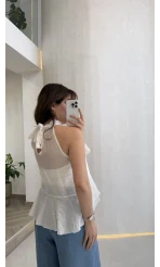 Halter Yaka Volanlı Transparan Bluz - Ekru - Kod: 5390