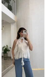 Halter Yaka Volanlı Transparan Bluz - Ekru - Kod: 5390