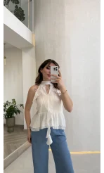 Halter Yaka Volanlı Transparan Bluz - Ekru - Kod: 5390