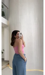 Tek Askılı Pedli Crop Body - Pembe - Kod: 00159