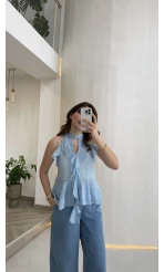 Halter Yaka Volanlı Transparan Bluz - Mavi - Kod: 5390