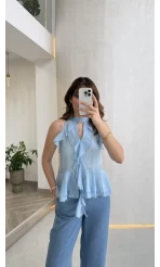 Halter Yaka Volanlı Transparan Bluz - Mavi - Kod: 5390