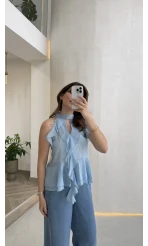 Halter Yaka Volanlı Transparan Bluz - Mavi - Kod: 5390