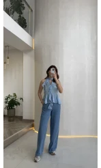 Halter Yaka Volanlı Transparan Bluz - Mavi - Kod: 5390