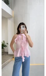 Halter Yaka Volanlı Transparan Bluz - Pembe - Kod: 5390