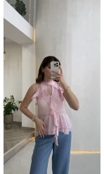 Halter Yaka Volanlı Transparan Bluz - Pembe - Kod: 5390