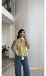 Halter Yaka Volanlı Transparan Bluz - Sarı - Kod: 5390