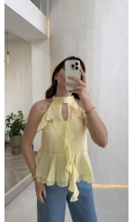 Halter Yaka Volanlı Transparan Bluz - Sarı - Kod: 5390