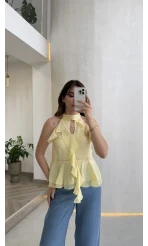 Halter Yaka Volanlı Transparan Bluz - Sarı - Kod: 5390