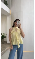 Halter Yaka Volanlı Transparan Bluz - Sarı - Kod: 5390