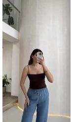 Tek Askılı Pedli Crop Body - Kahve - Kod: 00159