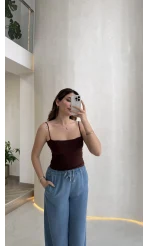 Tek Askılı Pedli Crop Body - Kahve - Kod: 00159