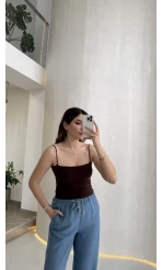 Tek Askılı Pedli Crop Body - Kahve - Kod: 00159