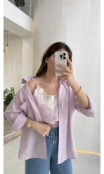 İçi Askılı Dantel Detaylı Gömlek - Lila - Kod: 2209