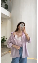 İçi Askılı Dantel Detaylı Gömlek - Lila - Kod: 2209