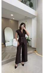 Ent Kemerli Kot Yelek Pantolon Takım - Kahverengi - Kod: 9415