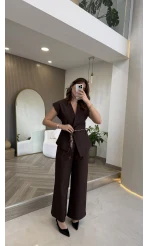 Ent Kemerli Kot Yelek Pantolon Takım - Kahverengi - Kod: 9415