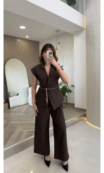 Ent Kemerli Kot Yelek Pantolon Takım - Kahverengi - Kod: 9415