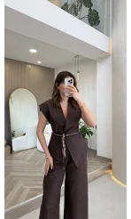 Ent Kemerli Kot Yelek Pantolon Takım - Kahverengi - Kod: 9415