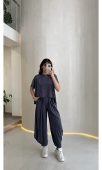 Pamuk Kumaş T-shirt Pantolon Takım - Lacivert - Kod: 51149