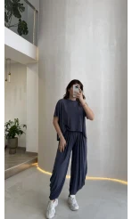 Pamuk Kumaş T-shirt Pantolon Takım - Lacivert - Kod: 51149