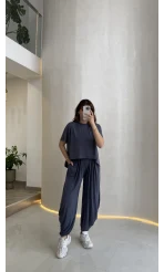 Pamuk Kumaş T-shirt Pantolon Takım - Lacivert - Kod: 51149