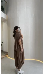 Pamuk Kumaş T-shirt Pantolon Takım - Kahve - Kod: 51149