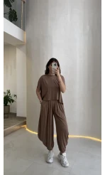 Pamuk Kumaş T-shirt Pantolon Takım - Kahve - Kod: 51149