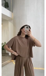 Pamuk Kumaş T-shirt Pantolon Takım - Kahve - Kod: 51149