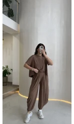Pamuk Kumaş T-shirt Pantolon Takım - Kahve - Kod: 51149