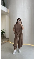 Pamuk Kumaş T-shirt Pantolon Takım - Kahve - Kod: 51149