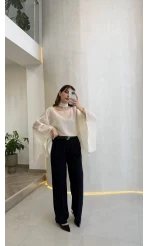 Kumaş Palazzo Pantolon - Lacivert - Kod: 3879