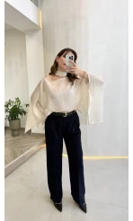 Kumaş Palazzo Pantolon - Lacivert - Kod: 3879