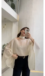 Yarasa Kol Kuşaklı Tül Bluz - Krem - Kod: 1670